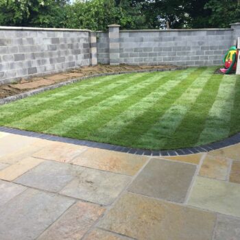 Patio Renovation with Limestone and Roll-On Turf in County Dublin