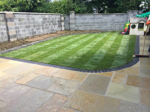 Patio renovation with limestone and roll on turf in county dublin (3)